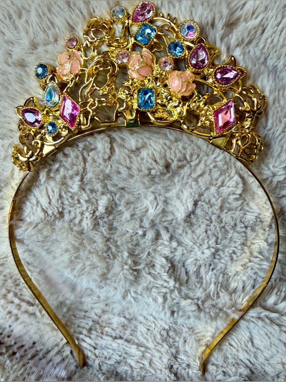Disney Store Princess Jeweled Gold Metal Tiara Crown Pink Blue Rhinestones